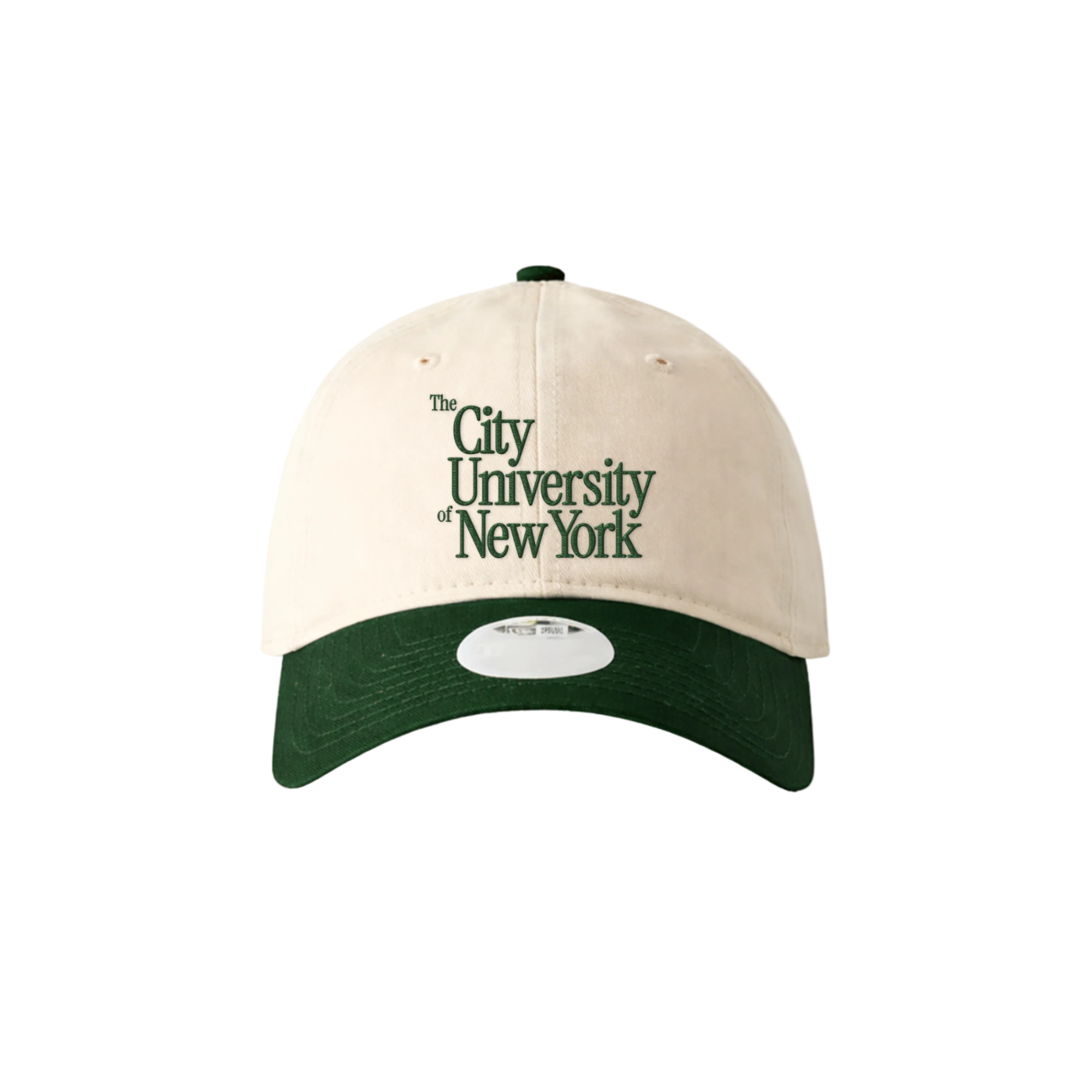 Beige and green cap with 'The City University of New York' text on a light gray background